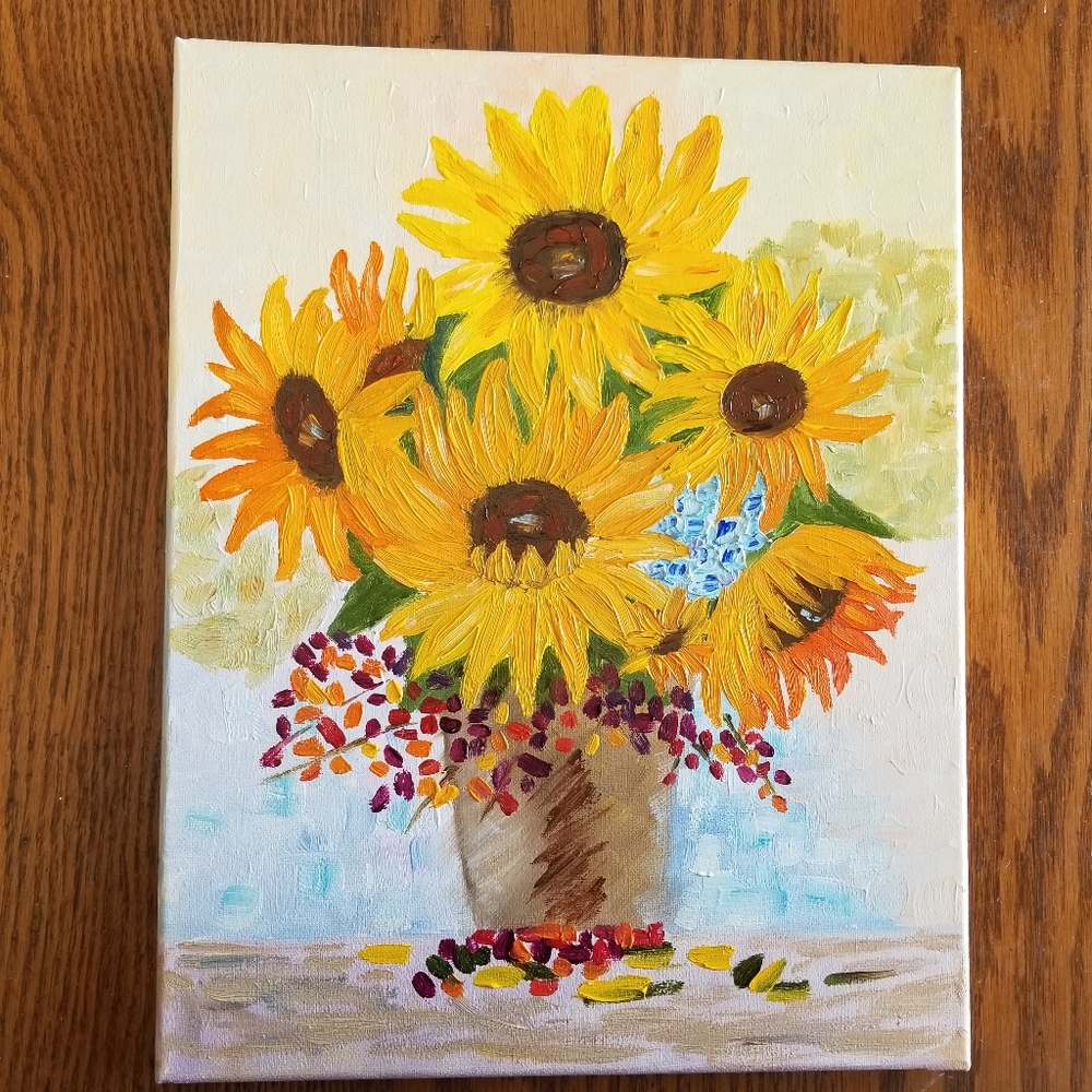 Original oil hand painted Sunflowers, wild flowers